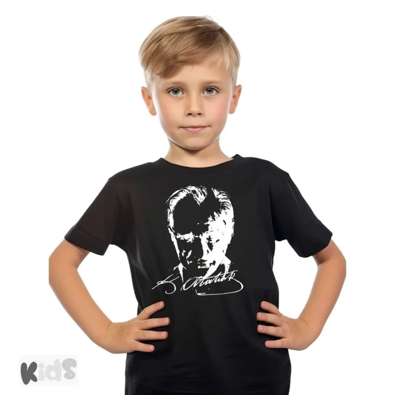 Sıfır Yaka T-shirt Atatürk Baskılı Siyah