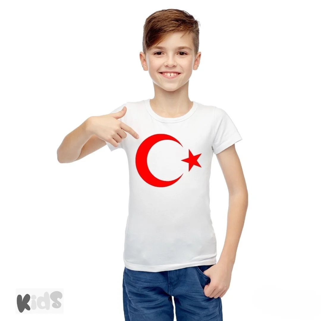 Sıfır Yaka T-shirt Türk Bayrağı Baskılı Beyaz