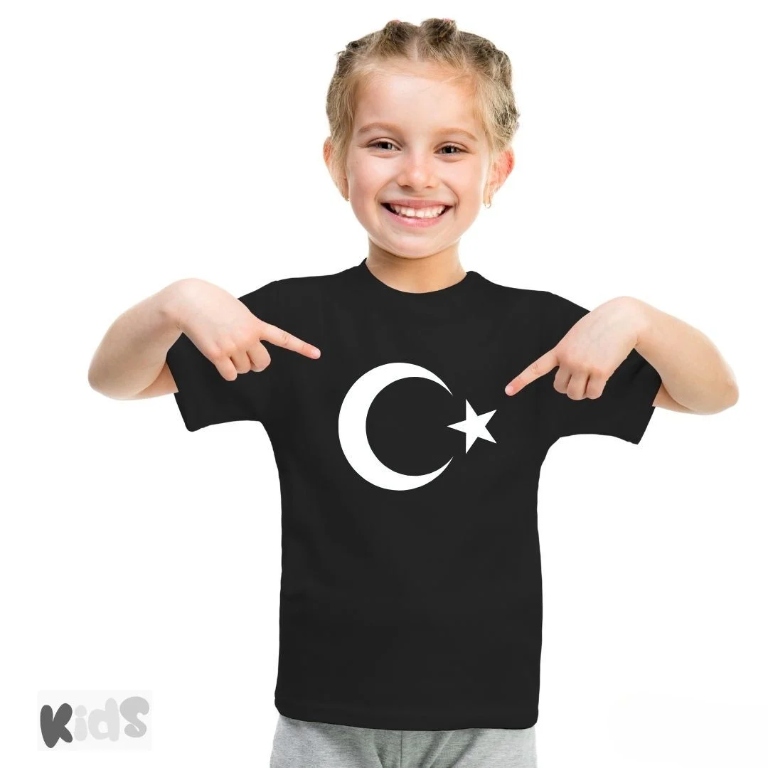 Sıfır Yaka T-shirt Türk Bayrağı Baskılı Beyaz Siyah